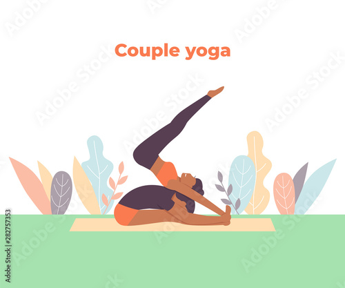 Couple doing Yoga workout. Man and woman practicing yoga together. Flat vector illustration concept banner template for website.