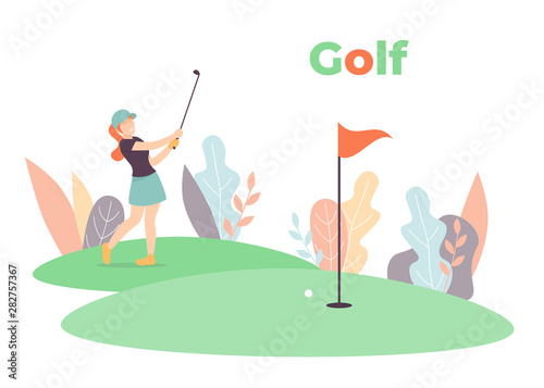Young woman wearing sport uniform and cap hit ball with golf club. Playing court with green grass, flag and hole. Cartoon flat vector illustration concept banner.