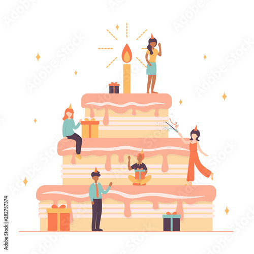 Happy birthday concept with celebrating business people. Flat vector illustration isolated on white background.