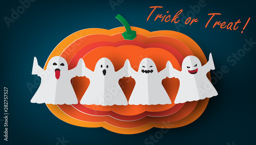 Background with origami ghost,pumpkin and trick or treat text.