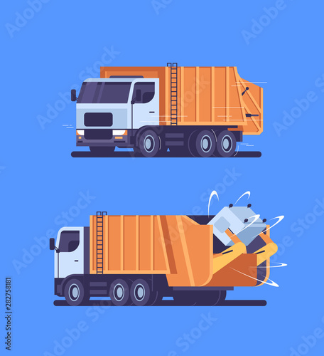 orange garbage truck picking up recycle trash bin urban sanitary vehicle waste transportation street cleaning service concept front side back view flat vertical blue background