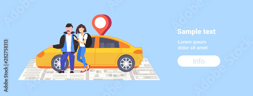 couple using smartphone ordering taxi mobile navigation app with location gps position on city map car sharing concept cityscape top angle view flat full length horizontal copy space