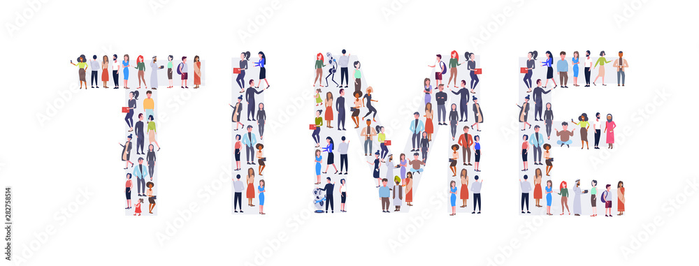 businesspeople crowd gathering in shape of time word mix race men women casual people group standing together social media community concept full length horizontal