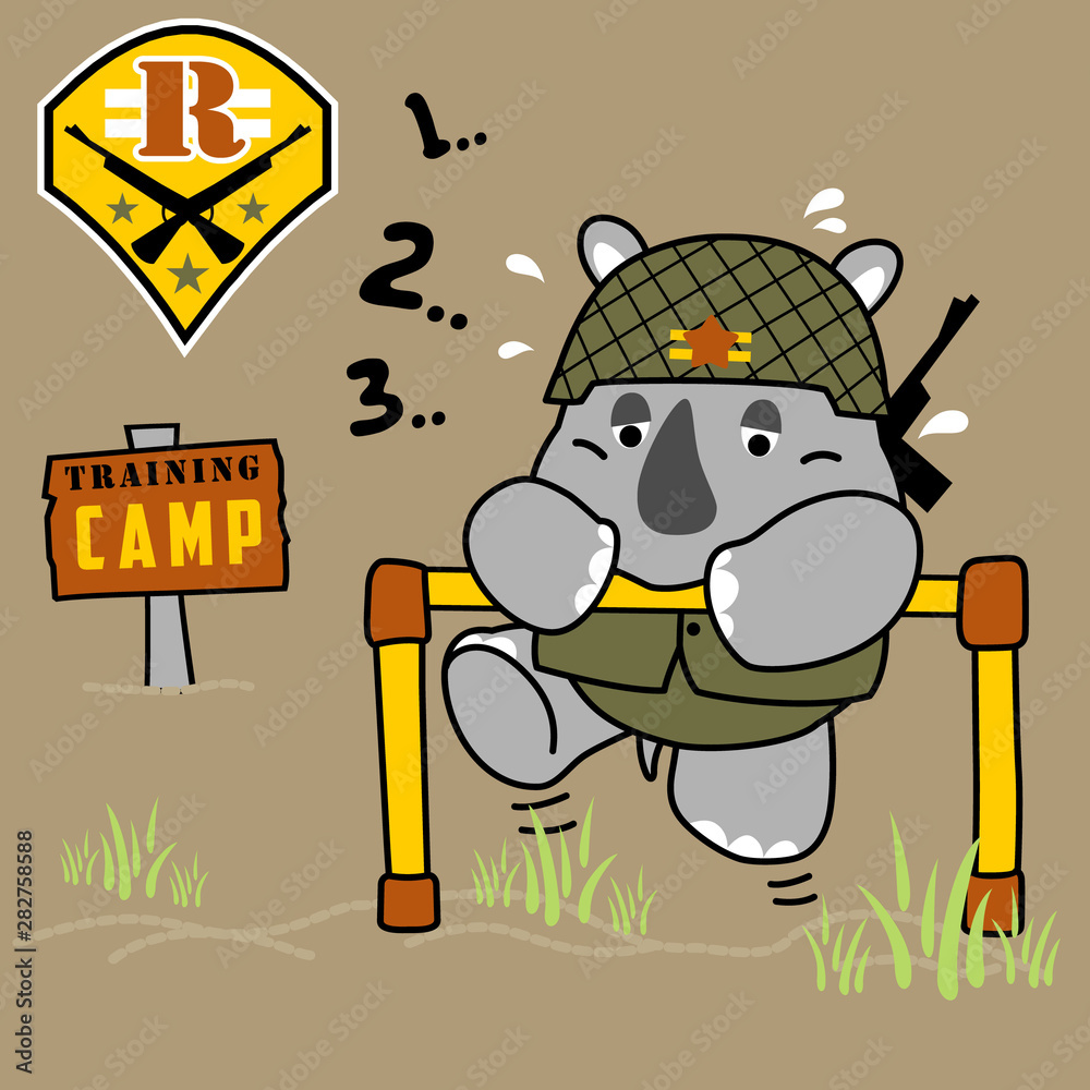 rhinoceros in military training camp, vector cartoon illustration
