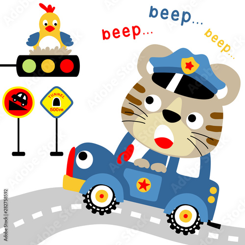tiger the traffic police on patrol, vector cartoon