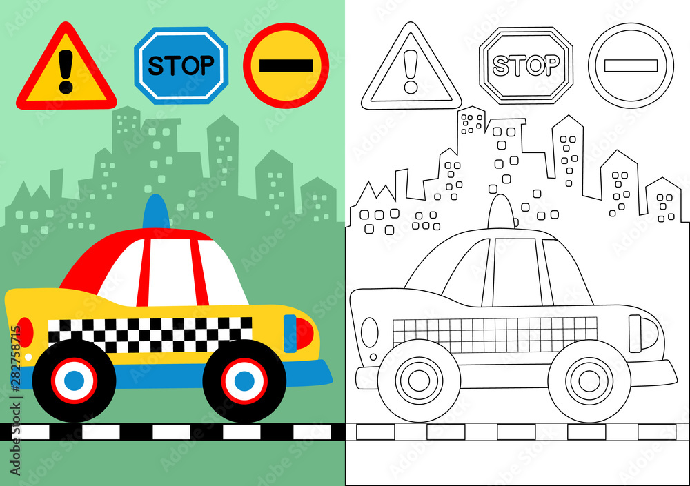 Naklejka premium vector cartoon of taxi with traffic sign on building background, coloring book or page