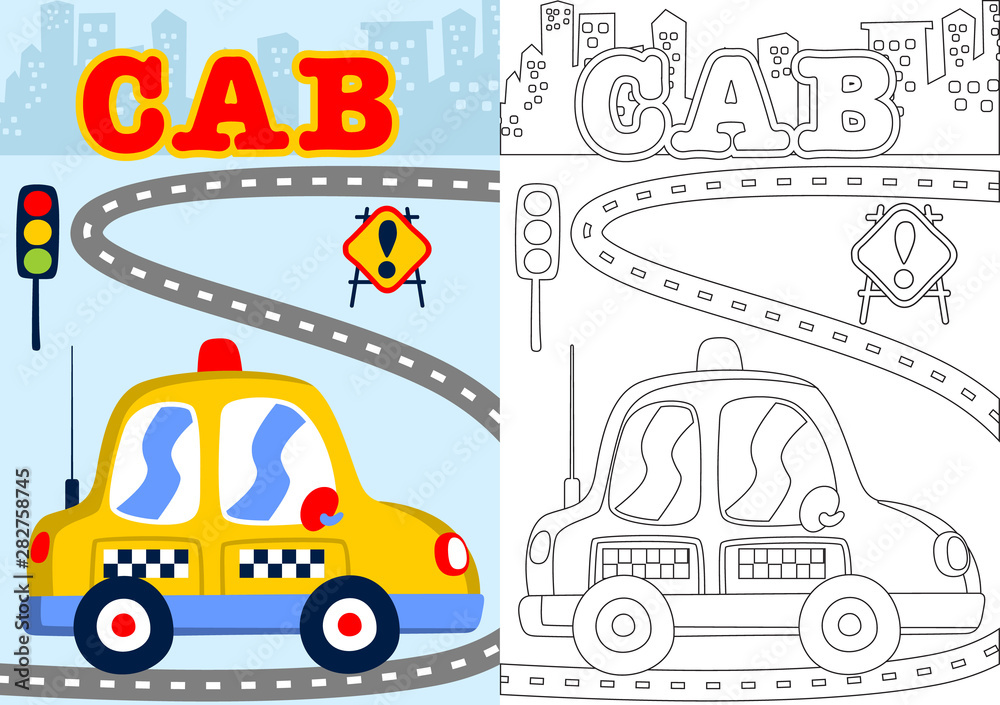 vector cartoon of yellow taxi on city road with traffic signs, coloring page or book vector cartoon of yellow taxi on city road with traffic signs, coloring page or book