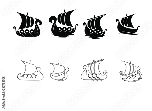 set viking boat ship black logo icon design vector illustration