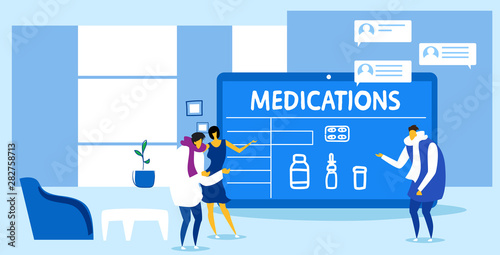 patients couple buying medications man woman discussing with online medical consultant pharmacy healthcare e-commerce concept modern office interior sketch horizontal full length