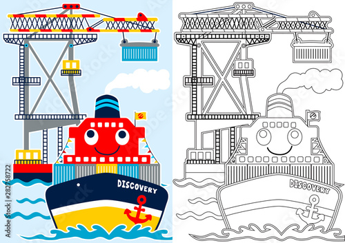 busy port with funny ship, vector cartoon for coloring book or page