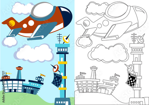 vector cartoon of plane take off in airport for coloring page or book