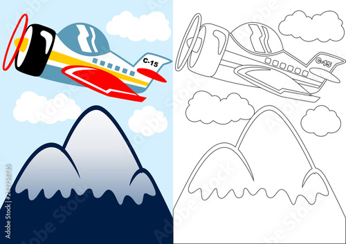 vector cartoon of plane and mountains, coloring page or book © Bhonard21