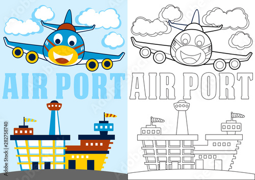 vector cartoon of plane landing in airport, coloring page or book