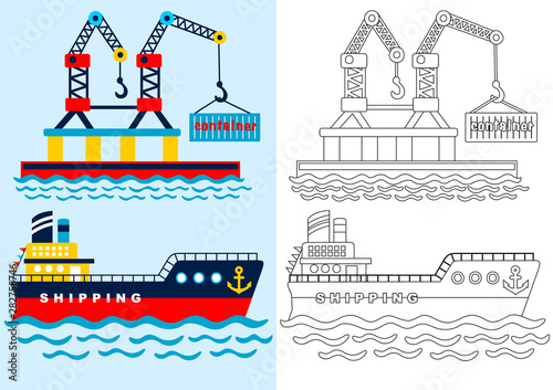 busy port for coloring page or book, vector cartoon
