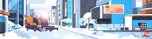 snow plow truck cleaning urban downtown street with skyscrapers business buildings winter snow removal concept sunshine cityscape background flat horizontal