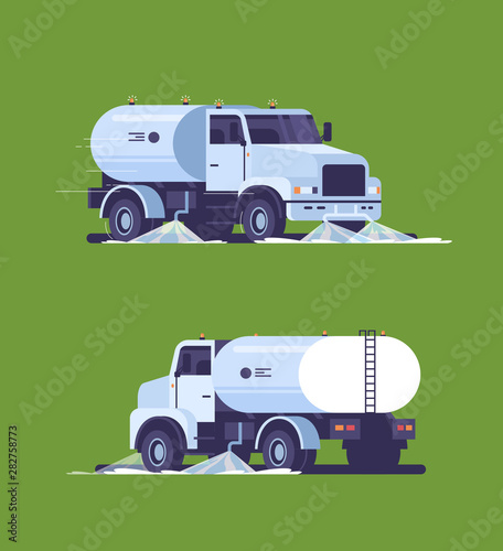 set street sweeper truck washing asphalt with water industrial vehicle cleaning machine urban road service concept back front view flat green background vertical