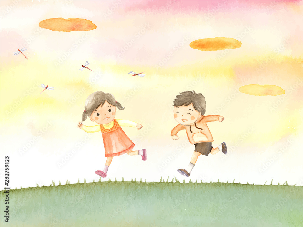 赤とんぼを追いかける子どもたち 秋の景色 水彩イラスト Stock Vektorgrafik Adobe Stock
