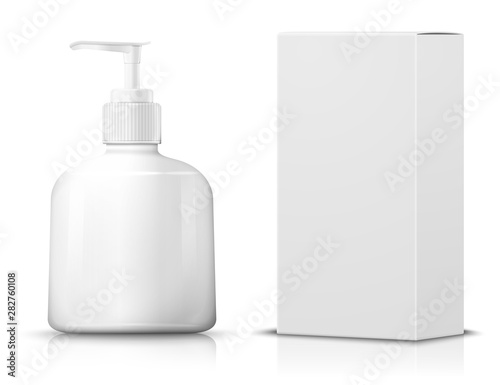 Vector 3d realistic shampoo pump bottle with paper box on white background with reflection. Mock-up for product package branding.