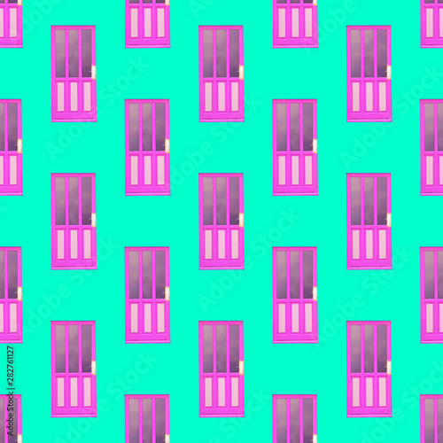 Seamless pattern. Pink doors.Use for t-shirt, greeting cards, wrapping paper, posters, fabric print.