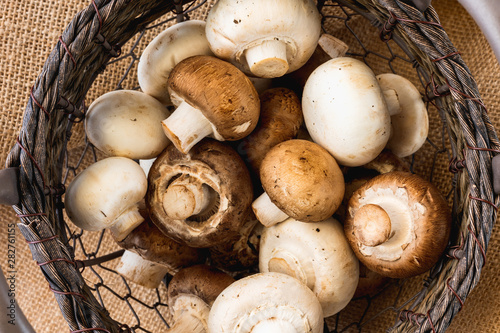 Mushrooms in a Basket. Fresh Organic White and Crimini Mushrooms Close Up in a Basket, Rustic Background, View From Above