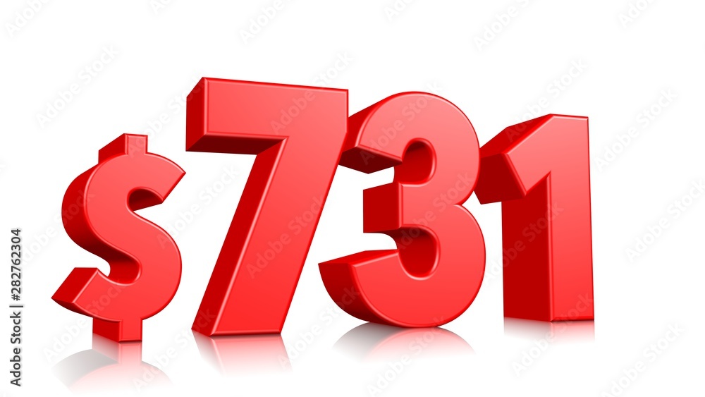 731$ Seven hundred thirty one price symbol. red text number 3d render with dollar sign on white background 731$ Seven hundred thirty one price symbol. red text number 3d render with dollar sign on white background