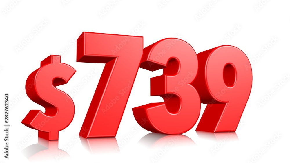 739$ Seven hundred thirty nine price symbol. red text number 3d render with dollar sign on white background 739$ Seven hundred thirty nine price symbol. red text number 3d render with dollar sign on white background