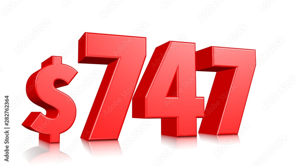 747$ Seven hundred forty seven price symbol. red text number 3d render with dollar sign on white background 747$ Seven hundred forty seven price symbol. red text number 3d render with dollar sign on white background