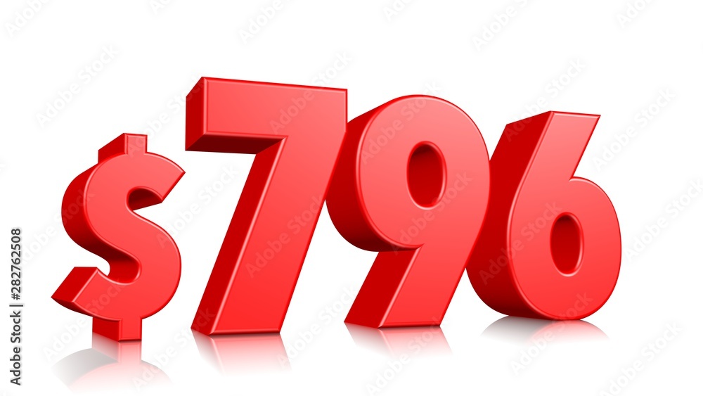796$ Seven hundred ninety six price symbol. red text number 3d render with dollar sign on white background 796$ Seven hundred ninety six price symbol. red text number 3d render with dollar sign on white background