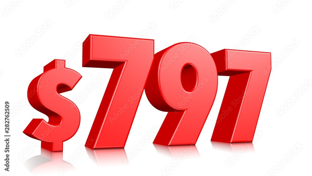 797$ Seven hundred ninety seven price symbol. red text number 3d render with dollar sign on white background 797$ Seven hundred ninety seven price symbol. red text number 3d render with dollar sign on white background