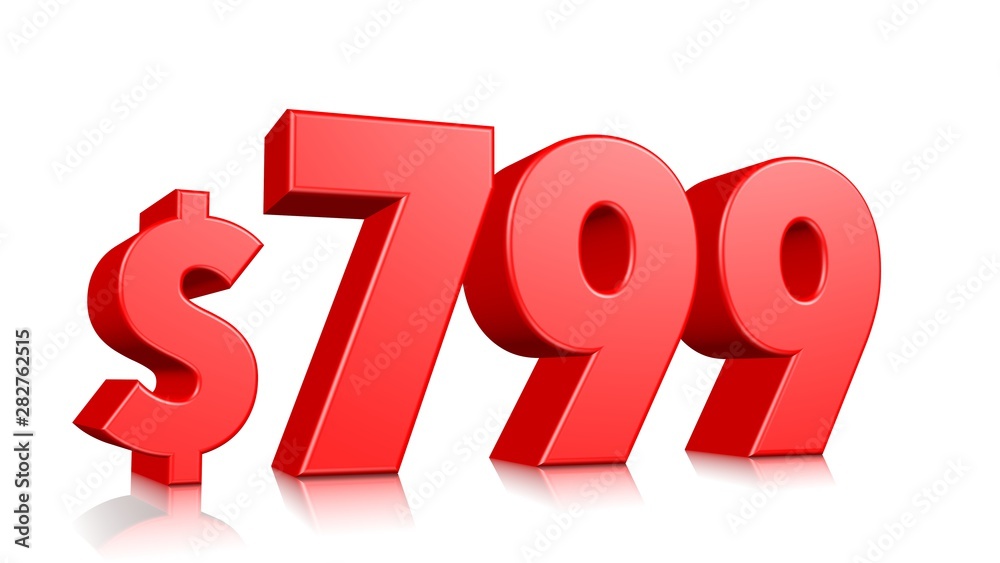 799$ seven hundred ninety nine price symbol. red text number 3d render with dollar sign on white background 799$ seven hundred ninety nine price symbol. red text number 3d render with dollar sign on white background