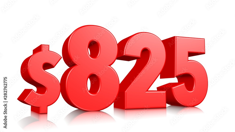 825$ Eight hundred and twenty five price symbol. red text number 3d render with dollar sign on white background 825$ Eight hundred and twenty five price symbol. red text number 3d render with dollar sign on white background
