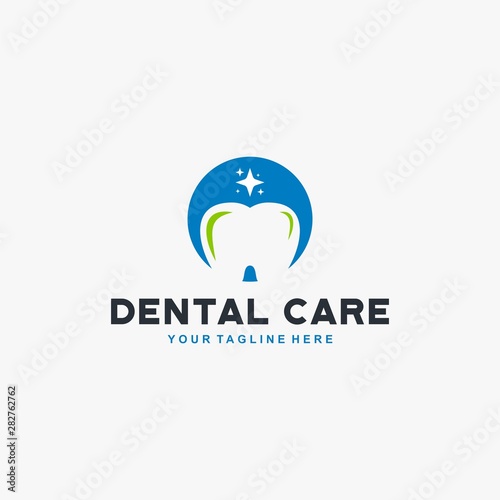 Dental clinic logo design. Dental care sign symbol. Blue tooth icon vector. 