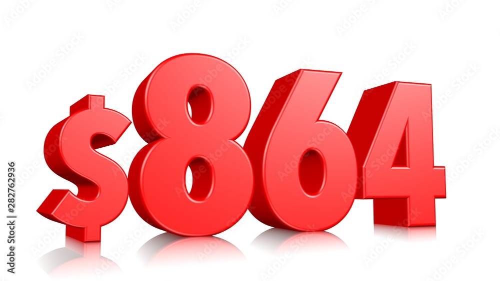 864$ Eight hundred sixty four price symbol. red text number 3d render with dollar sign on white background 864$ Eight hundred sixty four price symbol. red text number 3d render with dollar sign on white background