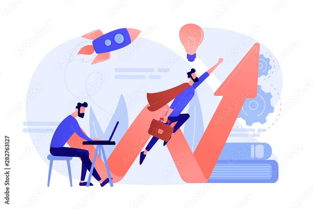 Businessman working and flying like superhero with briefcase. Start up launch, start up venture and entrepreneurship concept on white background. Coral pink palette vector isolated illustration