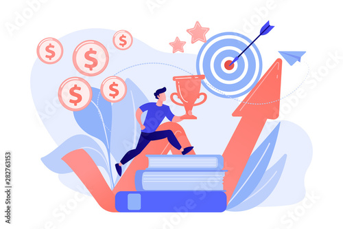 Businessman with trophy cup jumping on books to target and rising arrow. Motivation, job success, encouragement concept on white background. Coral pink palette vector isolated illustration
