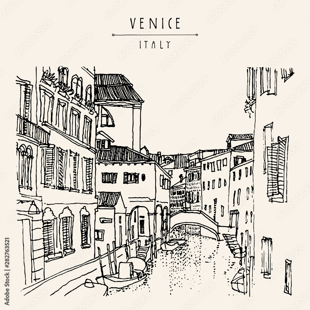 Venice, Italy.  Canal, bridge, boats. Hand drawn postcard in vector