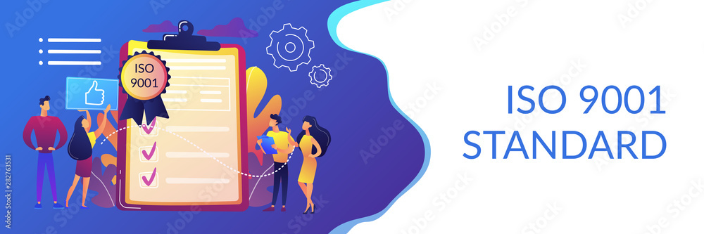 Tiny business people like standard for quality control. Standard for quality control, ISO 9001 standard, international certification concept. Header or footer banner template with copy space. - obrazy, fototapety, plakaty 