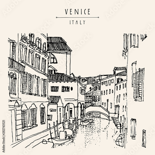 Venice, Italy.  Canal, bridge, boats. Hand drawn postcard in vector