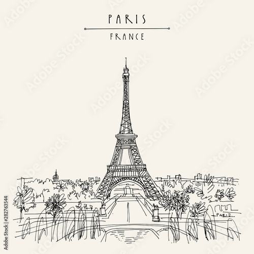  Paris, France, Europe. Eiffel Tower. Artistic hand drawing in retro style. European travel sketch. Vintage hand drawn touristic postcard, poster or book illustration in vector