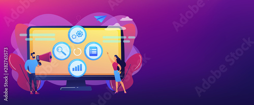 Tiny people managers plan and analyse campaign. Marketing campaign management, marketing strategy execution, campaign efficiency control concept. Header or footer banner template with copy space.
