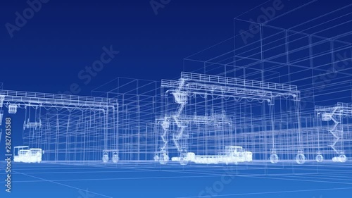 Truck in container depot. Logistic and Business, 3D concept, wireframe