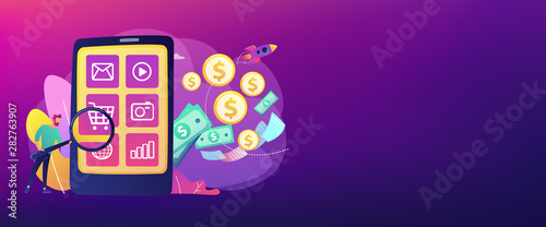 Digital marketing, e-commerce. Buyer flat character shopping online. App monetization, mobile app advertisement, app download promotion concept. Header or footer banner template with copy space.