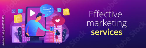 Targeted social media ads. Giveaway promo campaign, SMM. Interactive advertising, clients engagement analytics, effective marketing services concept. Header or footer banner template with copy space.