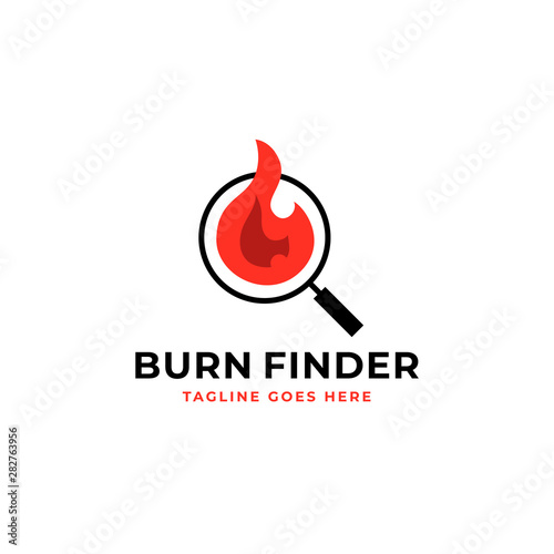 fire finder vector logo design. fire illustration with magnifying glass icon for burn searching visual concept design