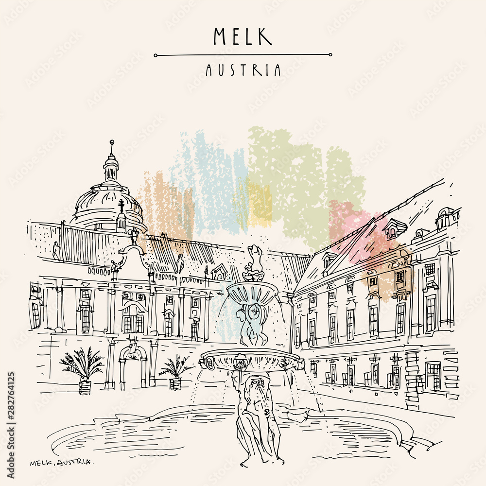 Melk, Lower Austria. Austria, Europe. Fountain at Prelate's Courtyard in Melk Benedictine Abbey. Hand drawing. Travel sketch. Vintage touristic postcard in vector