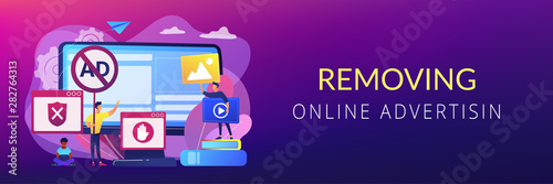 Programmer developing anti virus program. Banned Internet content. Ad blocking software, removing online advertising, ad filtering tools concept. Header or footer banner template with copy space.