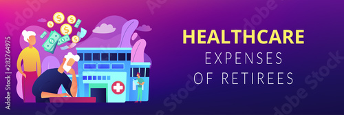 Pensioners social security. Healthcare expenses of retirees, supplemental health insurance plan, the biggest retirement expenses concept. Header or footer banner template with copy space.