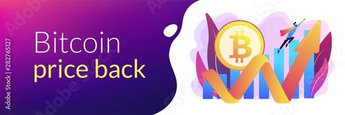 Virtual money capitalization rise. Blockchain technology. Cryptocurrency makes comeback, bitcoin price back, cryptocurrency market growth concept. Header or footer banner template with copy space.
