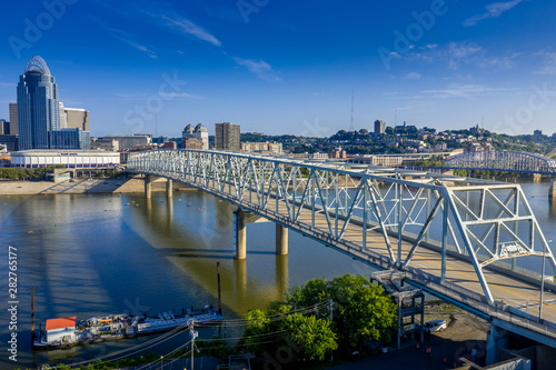 Aerial view of the Taylor Southgate bridge between Newport Kentucky and Cincinnati over the Ohio river