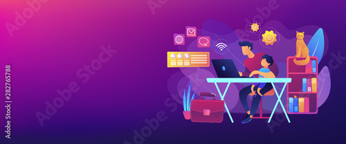 Freelancer with child working on laptop. Parent working with son. Home office. Remote worker, employee schedule, flexible schedule concept. Header or footer banner template with copy space.